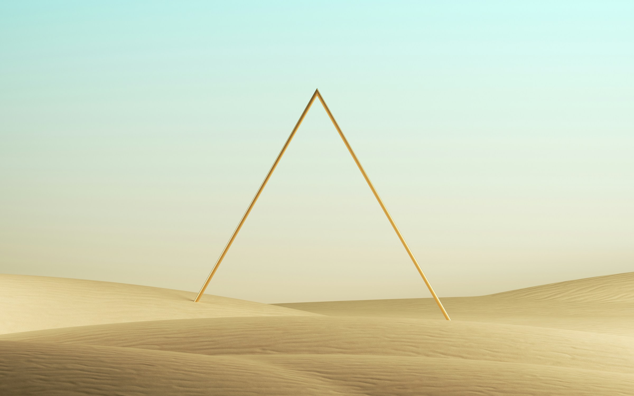 Minimal gold triangle over soft sand dunes, image about direction, priorities, and personal values in difficult choices