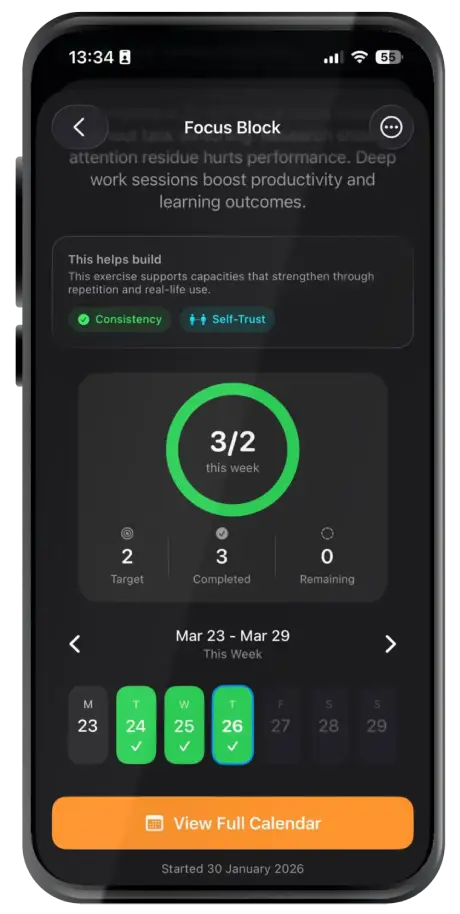 Illusim Focus Block habit tracker with weekly target, calendar, and completion progress
