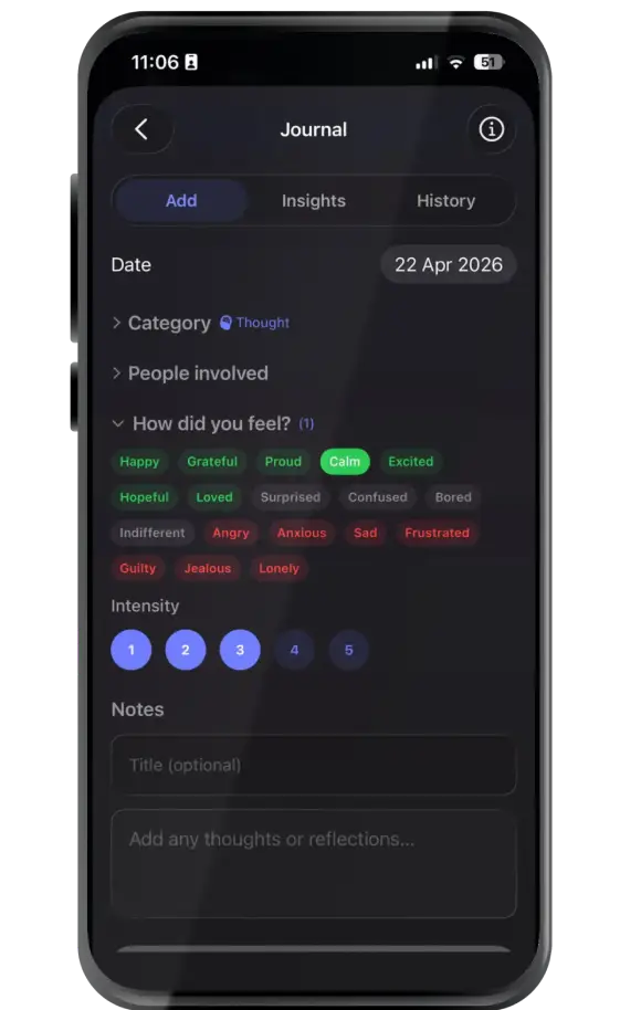 Illusim personal journal screen for thoughts, emotions, and daily observations