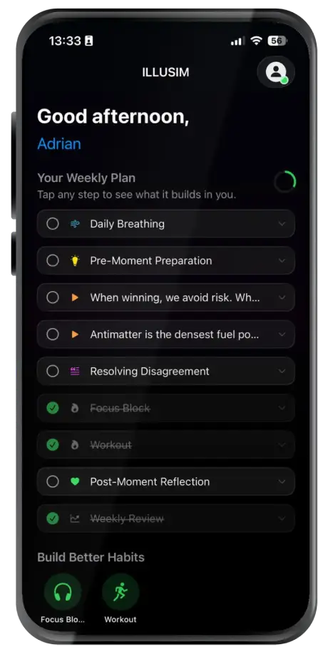 Illusim app weekly plan screen with guided practices for mental clarity and habit building