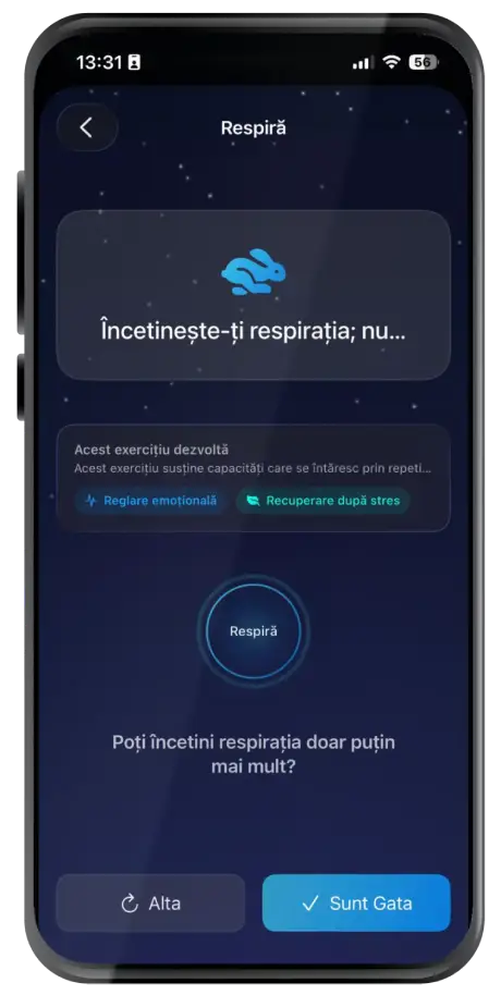 Exercițiu de respirație ghidată în aplicația Illusim pentru reglare emoțională și recuperare după stres