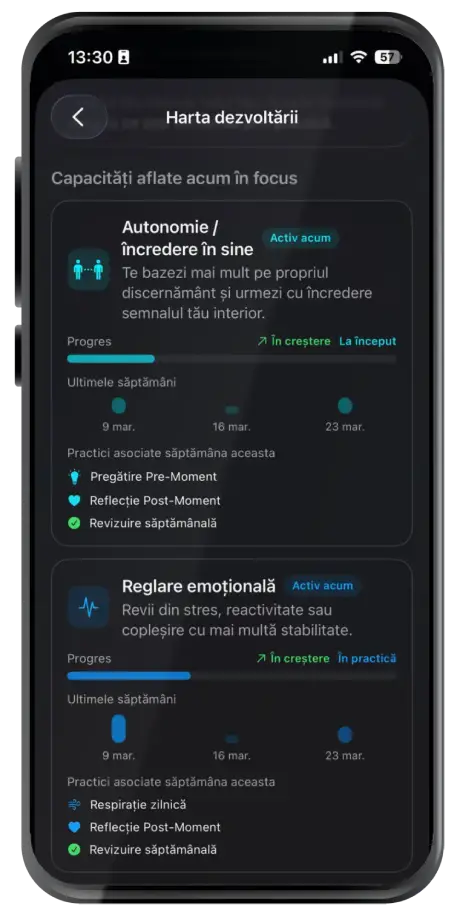 Harta dezvoltării din aplicația Illusim cu progres, trend săptămânal și practici asociate
