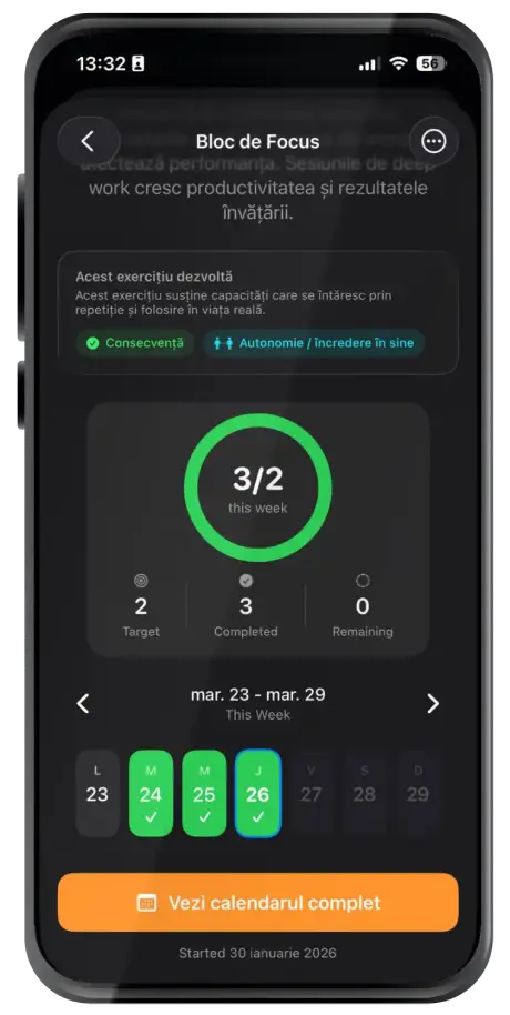 Ecran Illusim pentru Bloc de Focus cu target săptămânal, calendar și progresul obiceiului