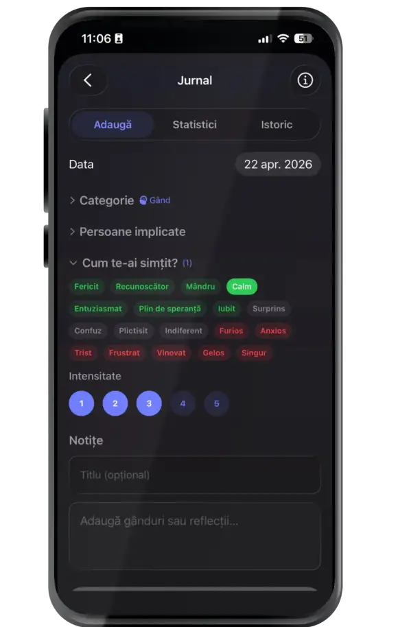 Ecran Illusim cu jurnalul personal pentru gânduri, emoții și observații zilnice